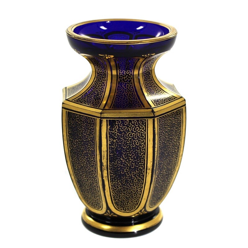 Cobalt blue lead crystal vase with gold cisele, Josephinenhütte, designed by Haertel