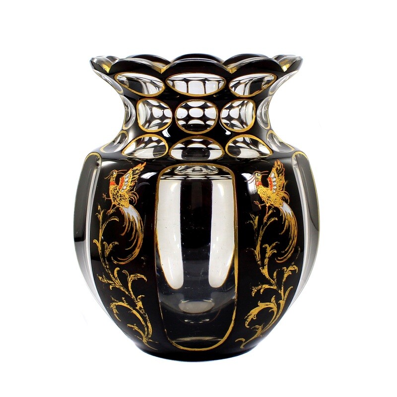 Rare vase with black-violet overlay and bird of paradise around 1910