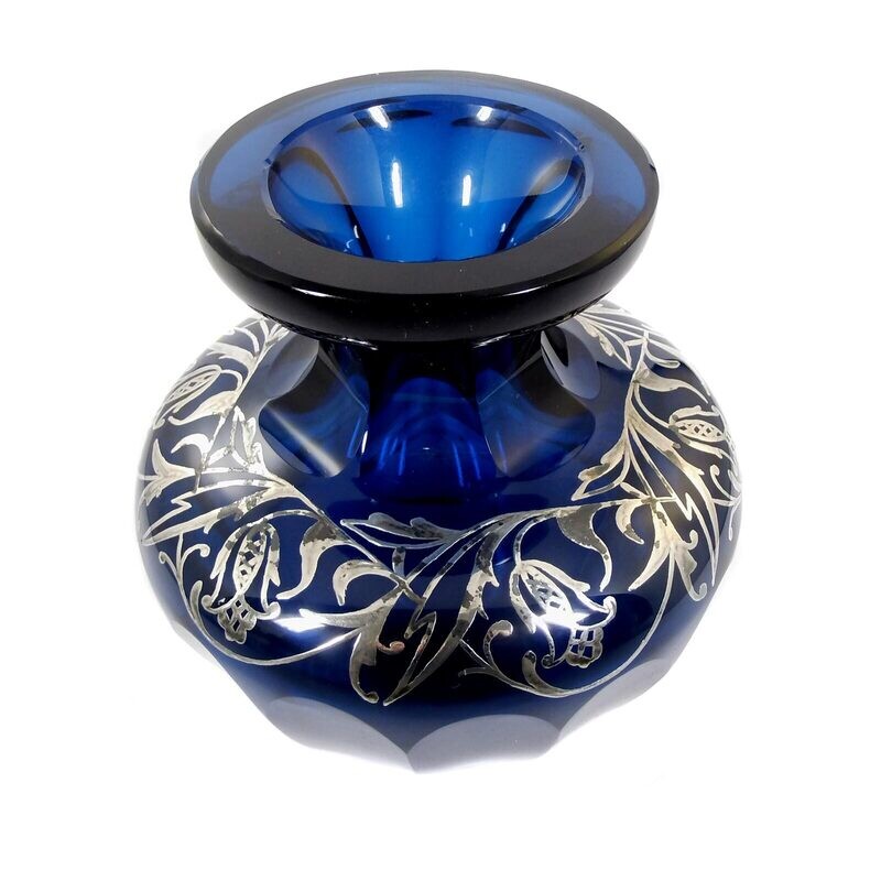 Vase with cobalt blue overlay and galvanized fine silver coating, Josephinenhütte