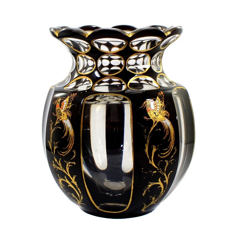 Rare vase with black-violet overlay and bird of paradise around 1910