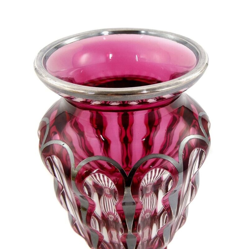 Vase with overlay &amp; galvanized fine silver coating, Josephinenhütte around 1920