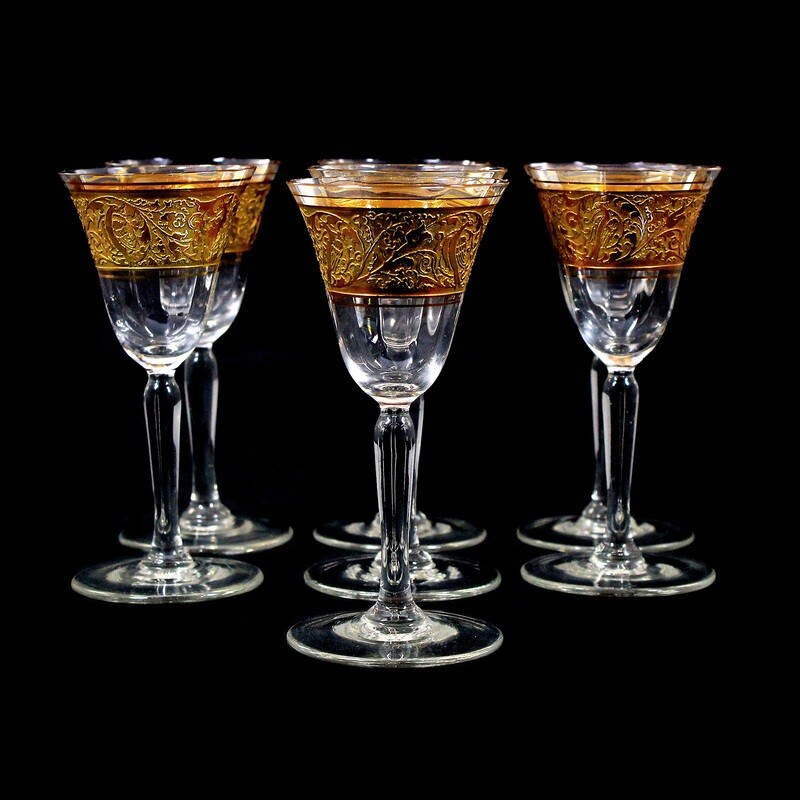 1st of 7. Liqueur glasses with oroplastic decoration, Joh. Oertel in Haida around 1925