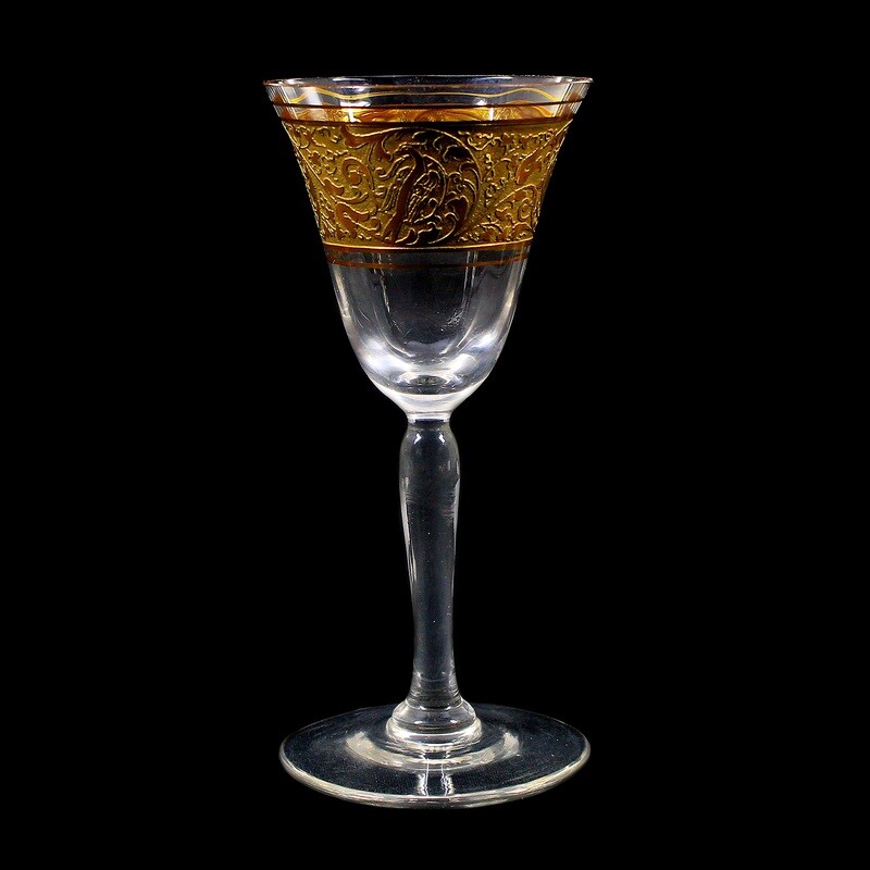 1st of 7. Liqueur glasses with oroplastic decoration, Joh. Oertel in Haida around 1925