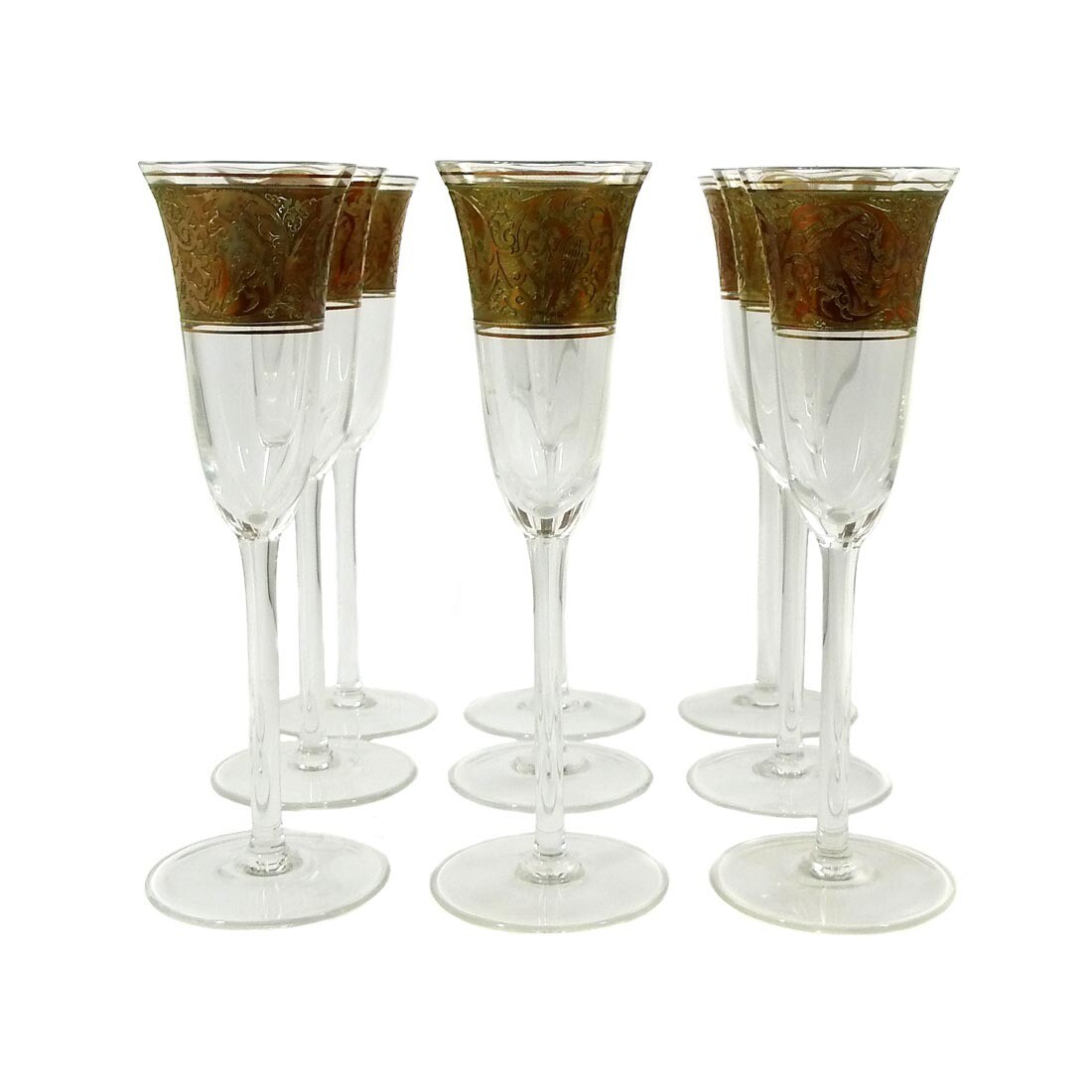 1st of 9 champagne flutes with oroplastic decoration, Joh. Oertel in Haida around 1925