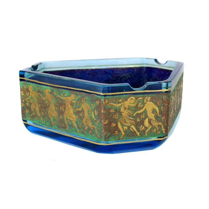 Light blue ashtray in hexagonal shape with oroplastic decoration around 1920-30