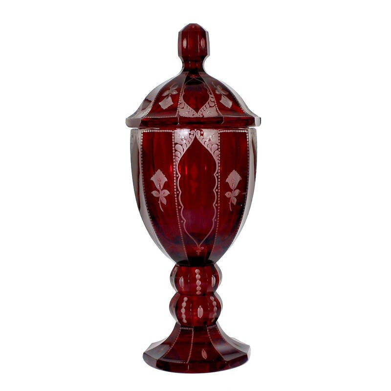 Tall goblet with lid made of ruby red glazed glass with cut borders, Haida