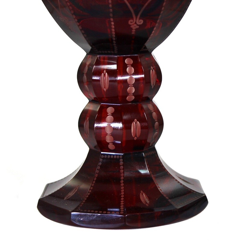 Tall goblet with lid made of ruby red glazed glass with cut borders, Haida