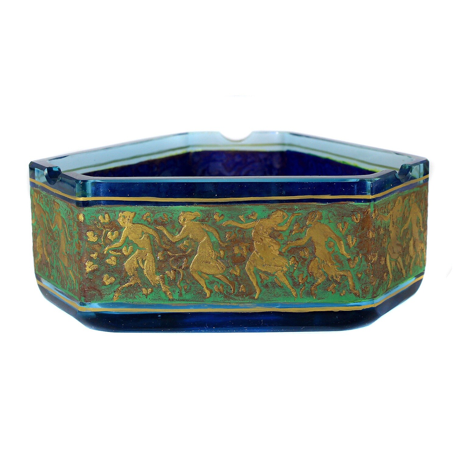 Light blue ashtray in hexagonal shape with oroplastic decoration around 1920-30