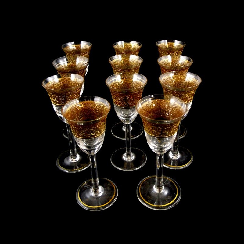 1st of 11 shot glasses with oroplastic decoration, Joh. Oertel in Haida around 1925