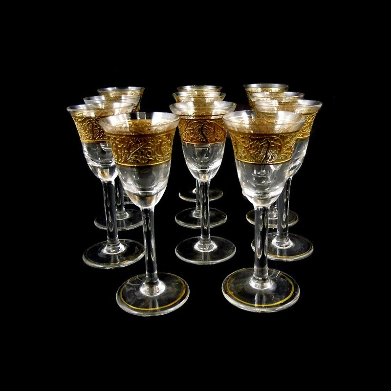 1st of 11 shot glasses with oroplastic decoration, Joh. Oertel in Haida around 1925
