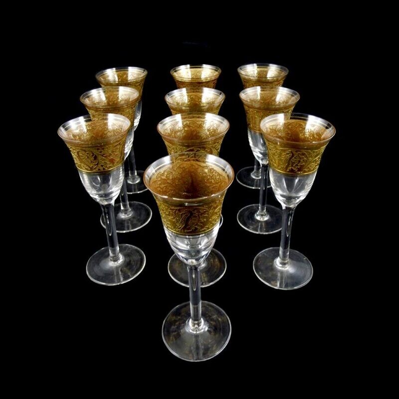 1st of 10. Sherry glass with oroplastic decoration, Joh. Oertel in Haida around 1925