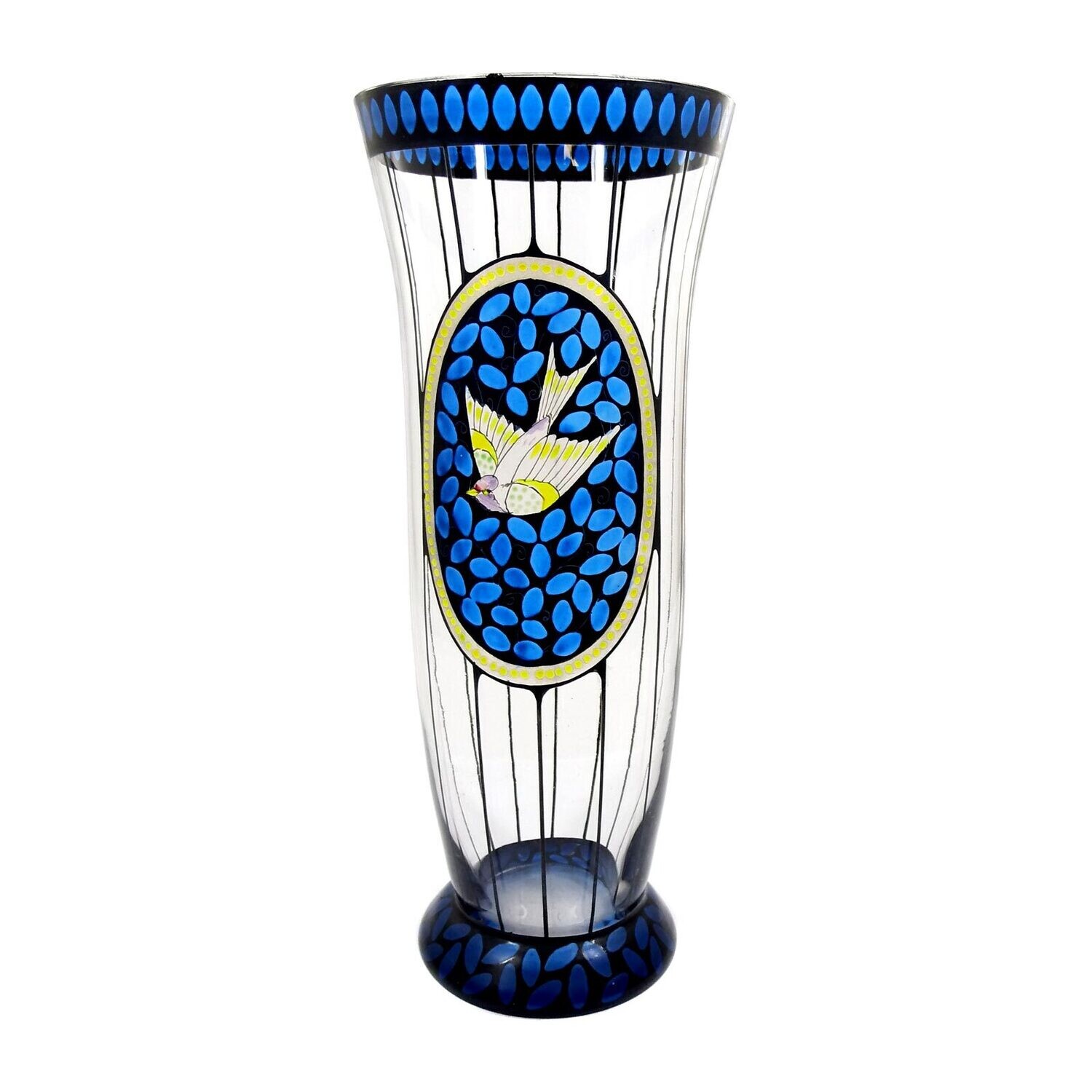 Vase made of colorless glass with a bird of paradise, Haida technical school, designed by Karl Pohl