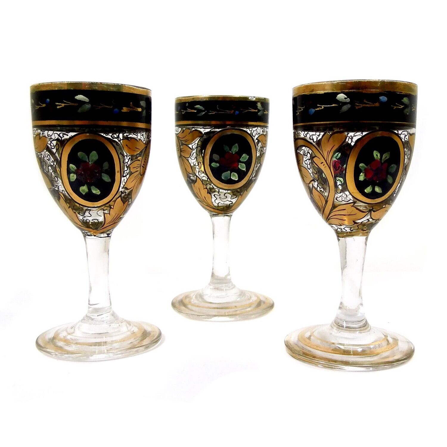 3 liqueur glasses with transparent and gold painting, Julius Mühlhaus in Haida