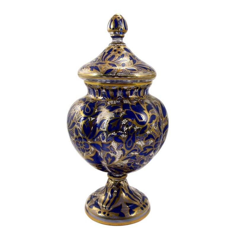 Lidded box with oriental enamel decoration &amp; gold painting, Julius Mühlhaus, Haida