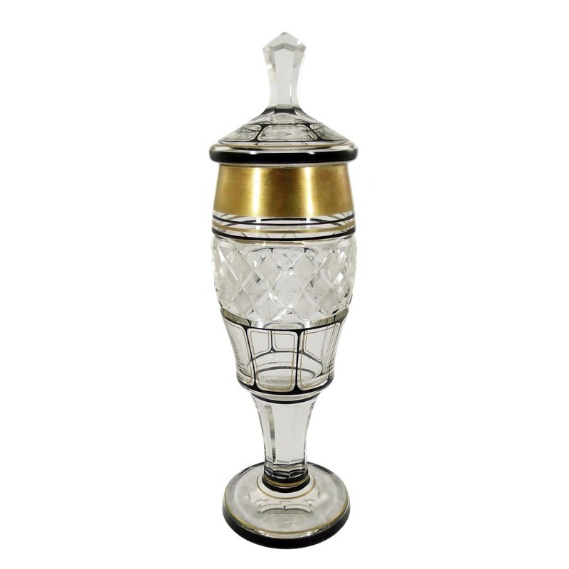Lidded cup with black solder &amp;. Gold painting, Carl Goldberg in Haida around 1925