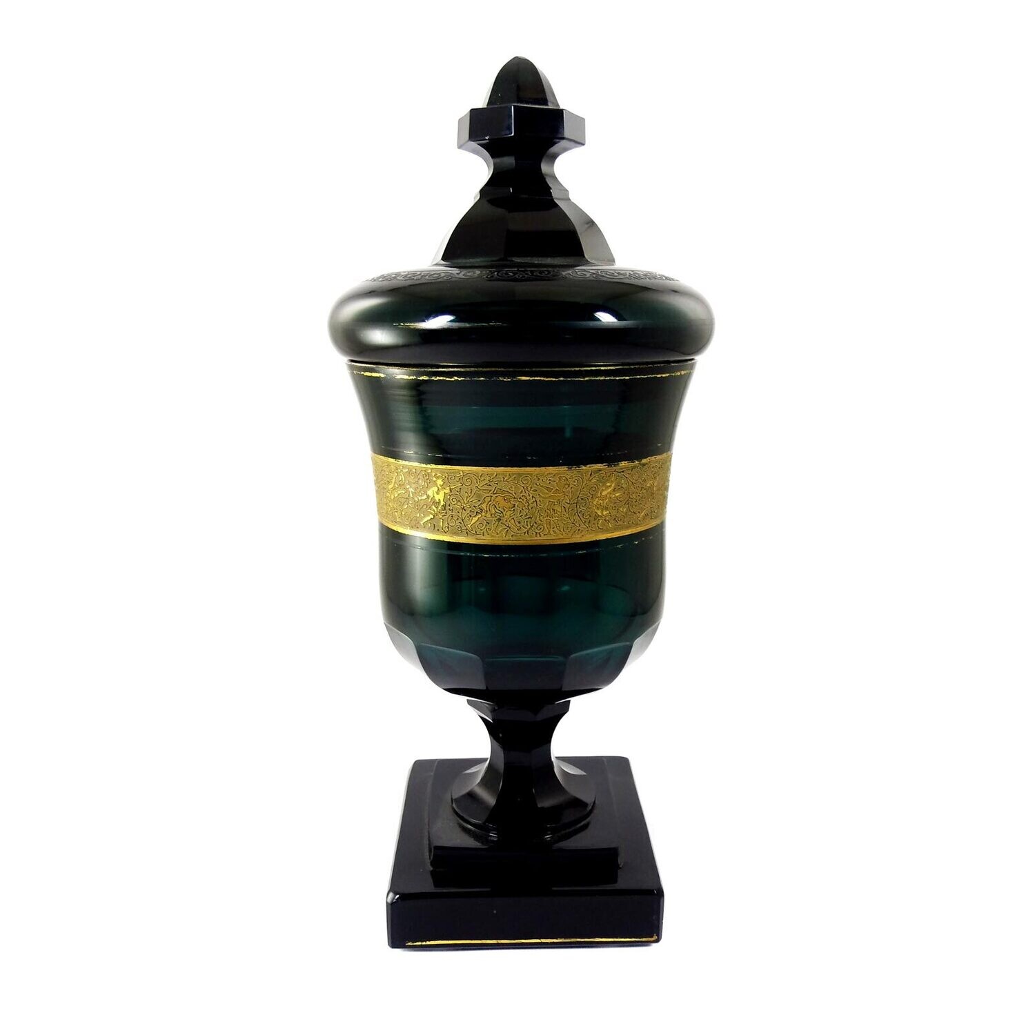 Lidded cup made of Russian green glass with oroplastic decoration, Haida around 1925