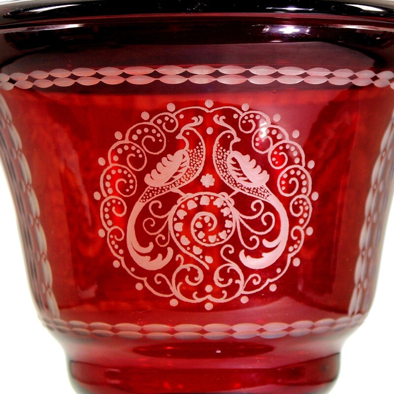 Lidded cup made of ruby red glazed glass with decorative cut, Haida Technical School