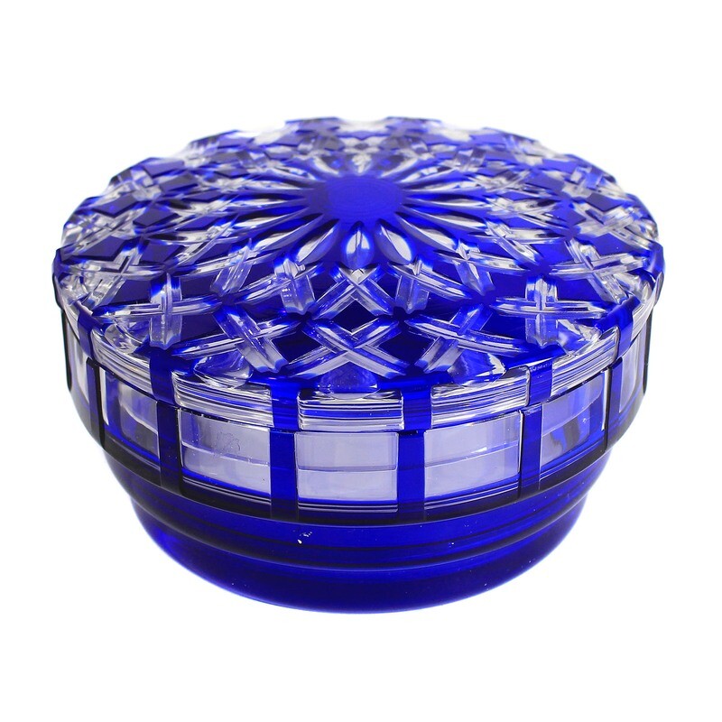 Lidded box with cobalt blue overlay and line cut around 1905-25
