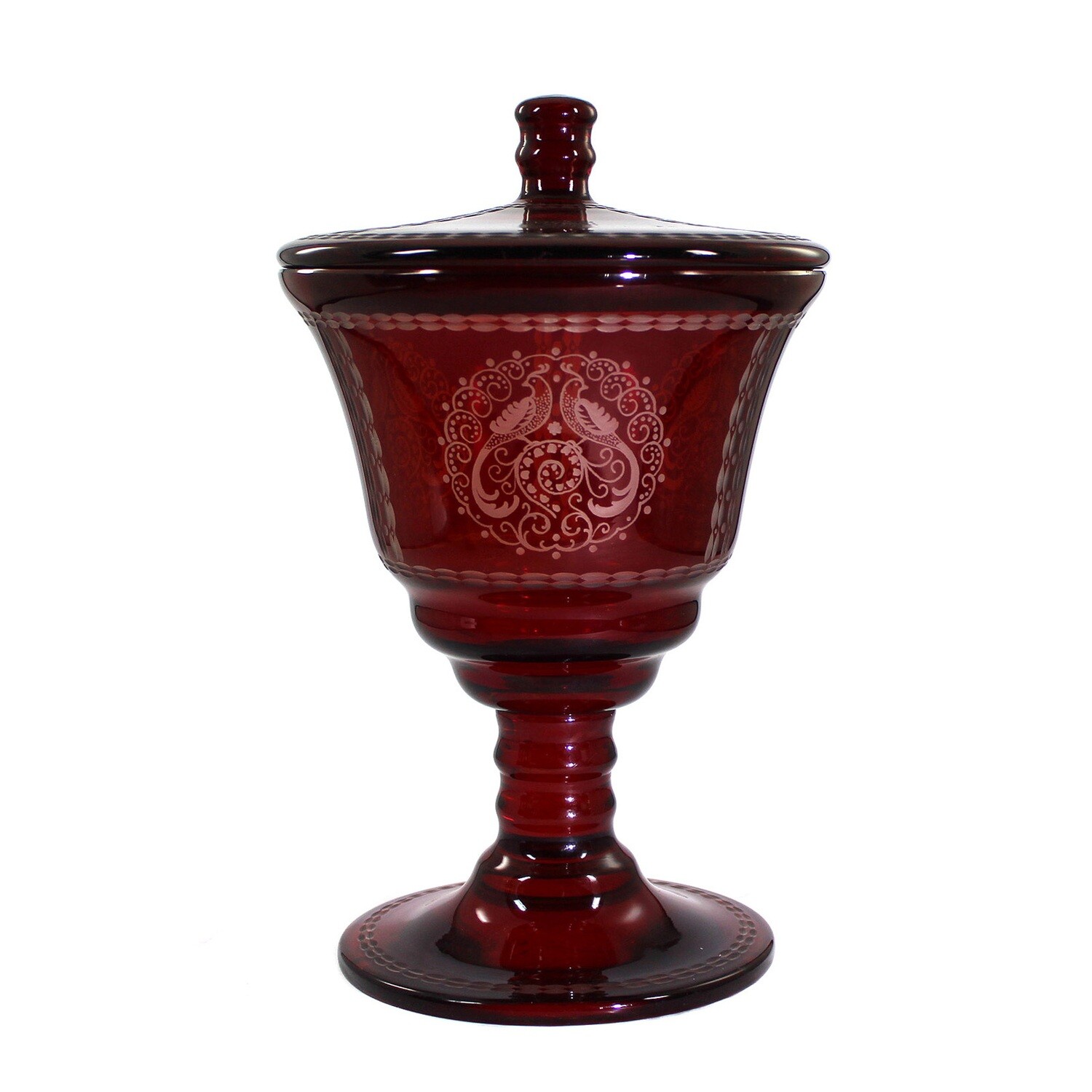 Lidded cup made of ruby red glazed glass with decorative cut, Haida Technical School