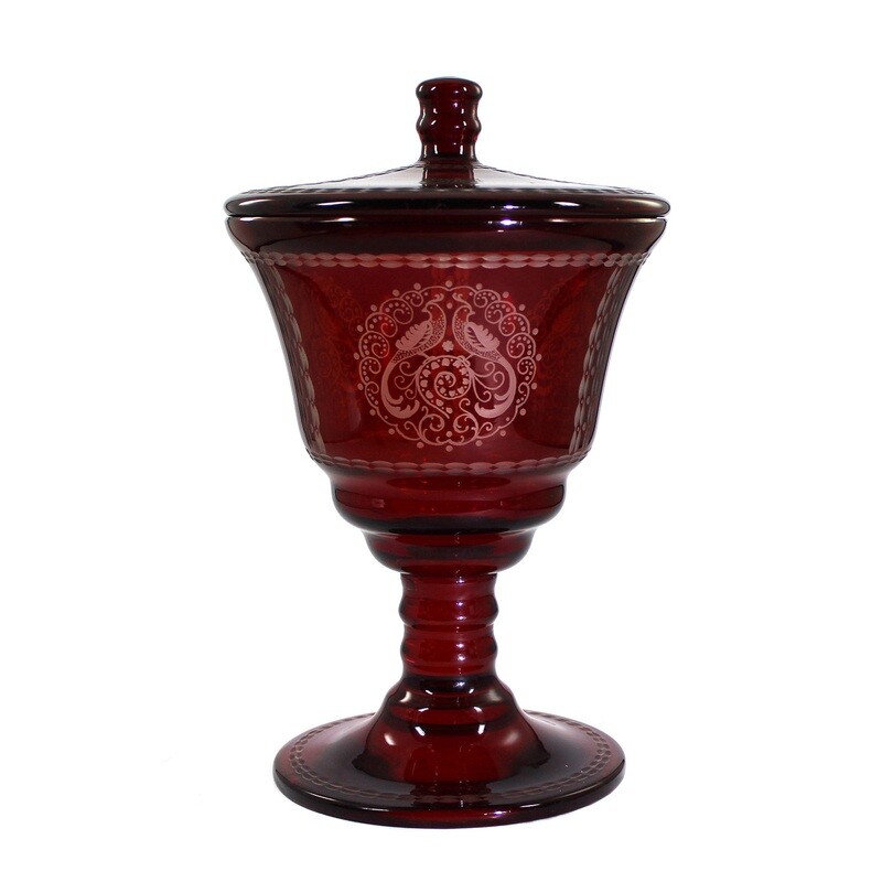 Lidded cup made of ruby red glazed glass with decorative cut, Haida Technical School
