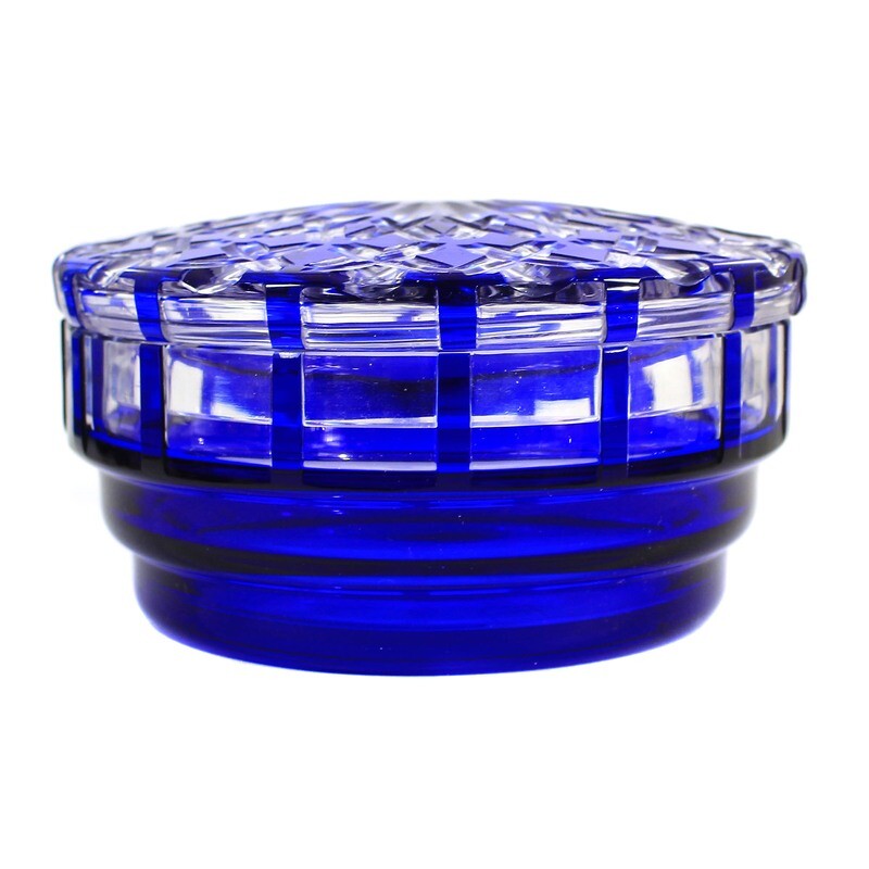 Lidded box with cobalt blue overlay and line cut around 1905-25