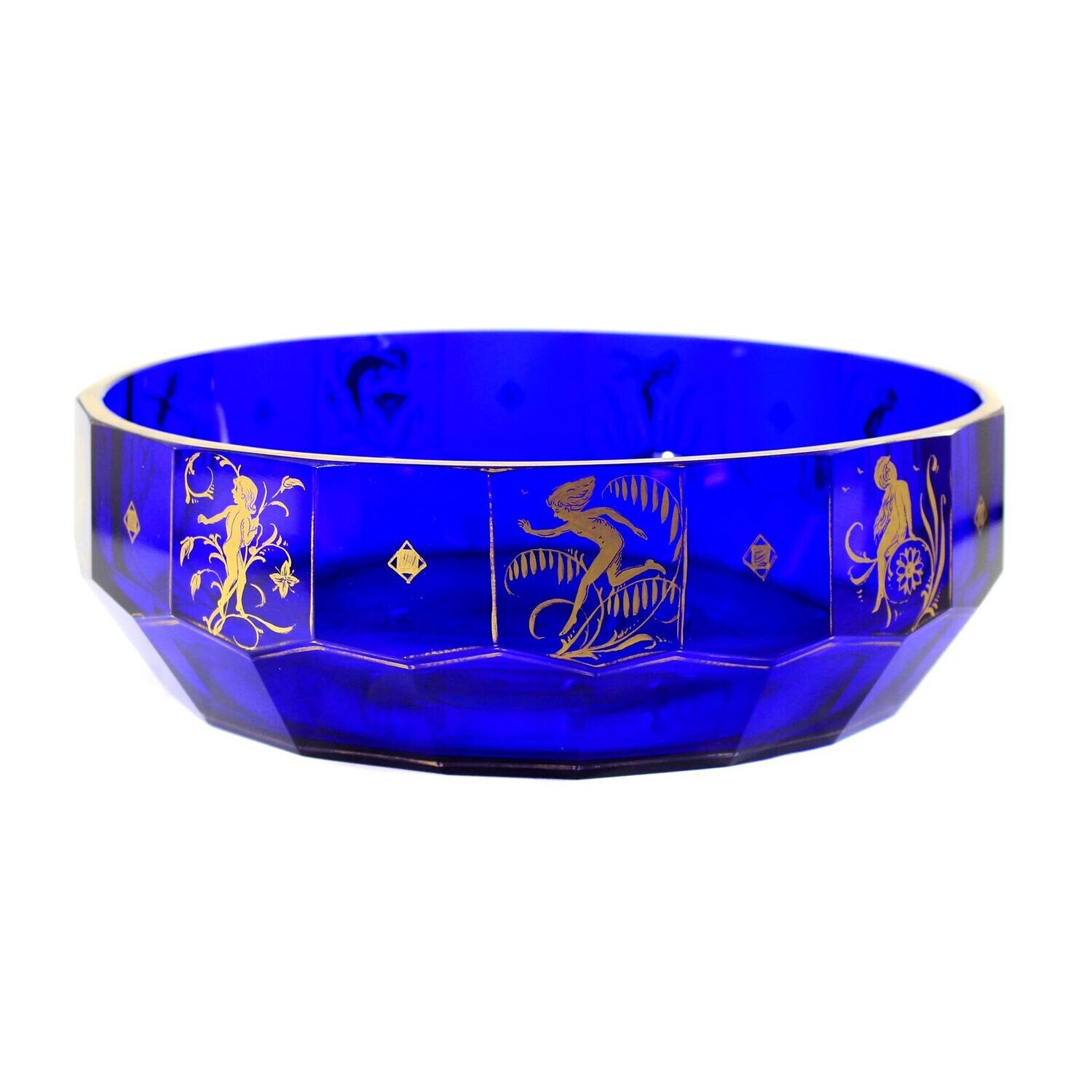 Large bowl made of cobalt blue glass with children making music, Lorenz, Steinschönau