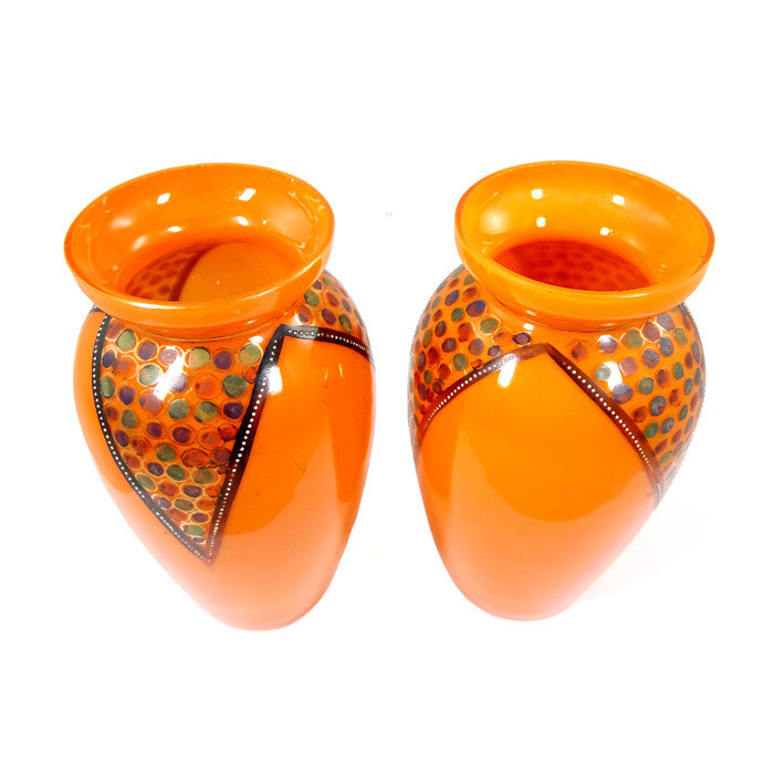 Pair of vases with opal-colored interior and decorative painting, Bohemia / Haida around 1930