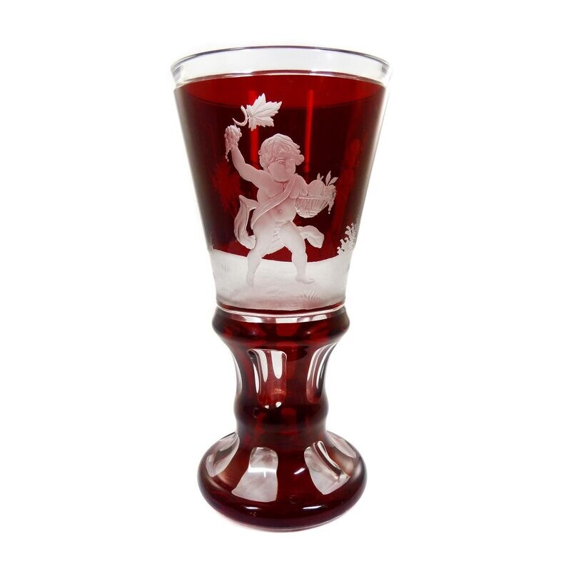 Ruby red overlaid cup with cut putto decoration, Haida around 1915