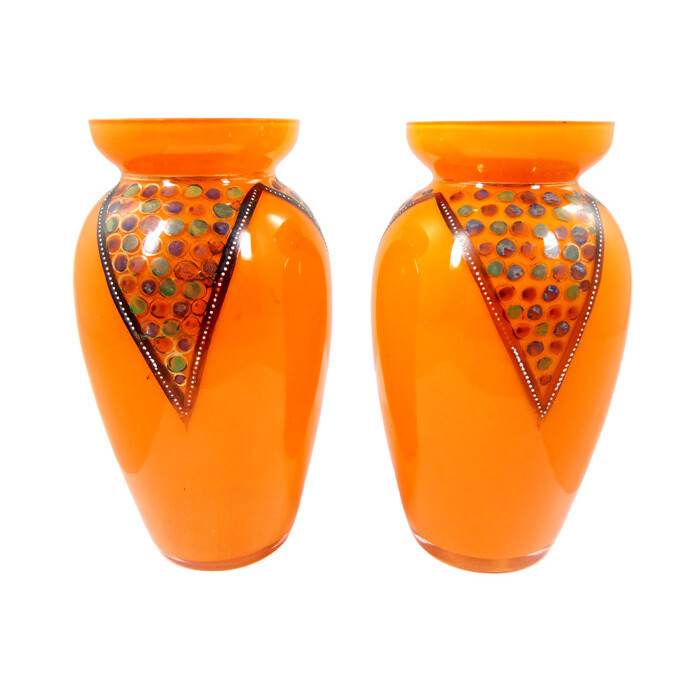 Pair of vases with opal-colored interior and decorative painting, Bohemia / Haida around 1930