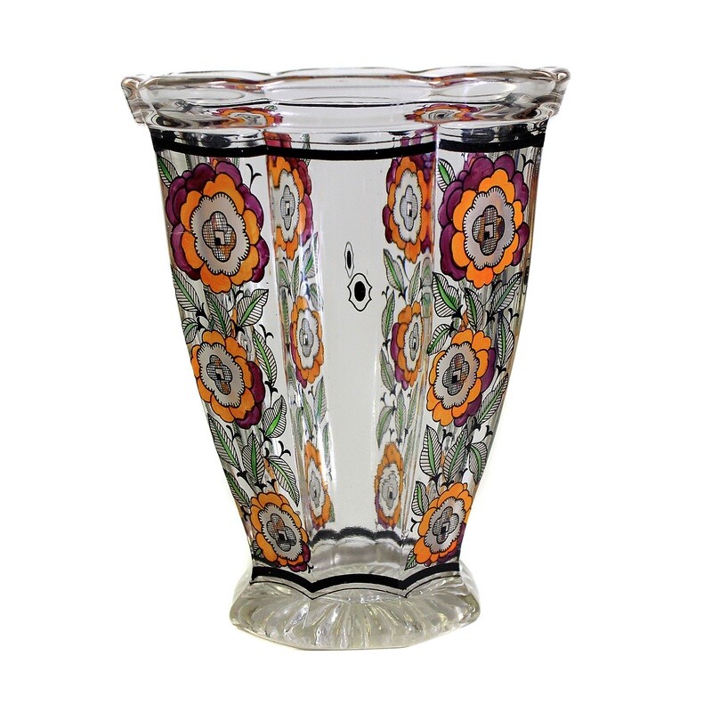 Vase made of colorless glass with polychrome transparent painting, Haida Technical School
