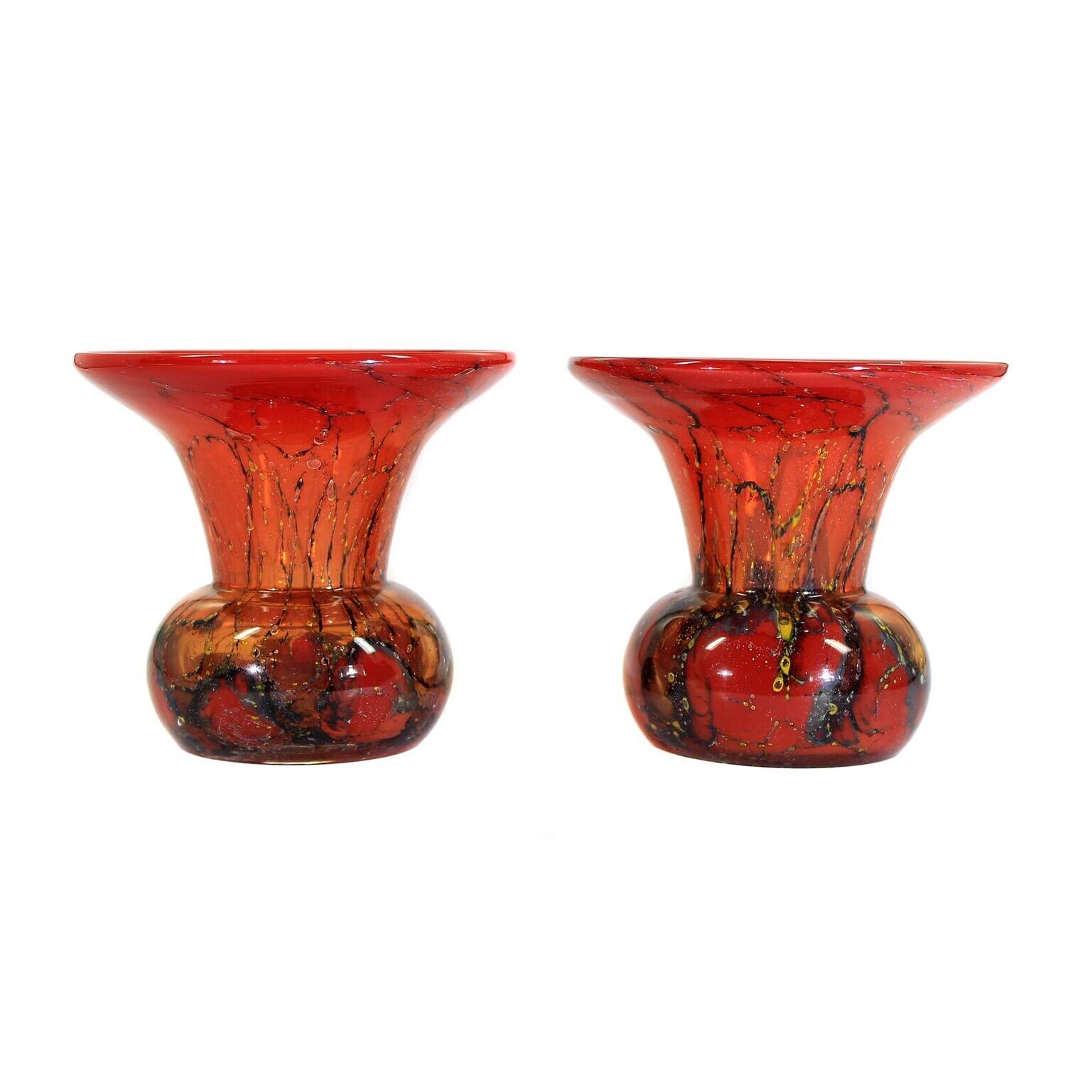 Pair of small bubbled Ikora vases made of red underlaid glass around 1935