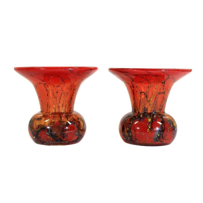 Pair of small bubbled Ikora vases made of red underlaid glass around 1935