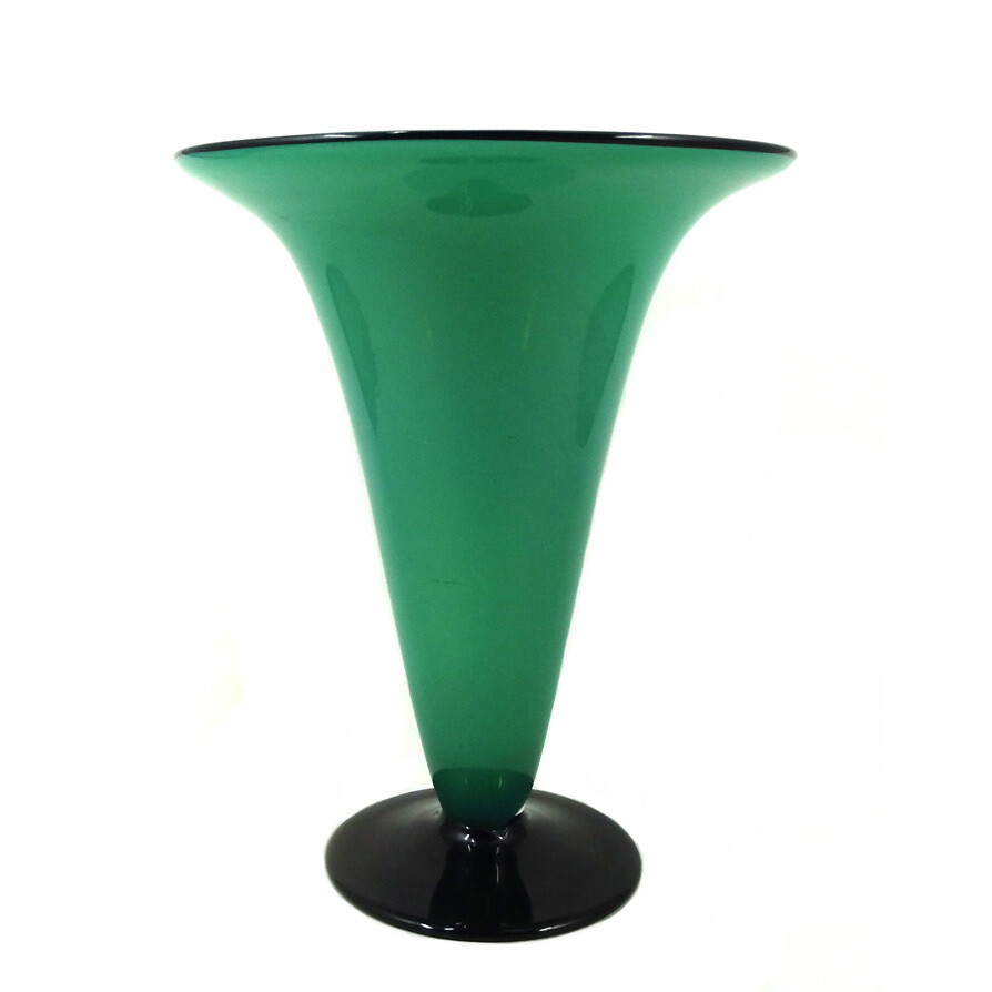 Opaque green funnel-shaped Ikora vase with black thread, WMF around 1935