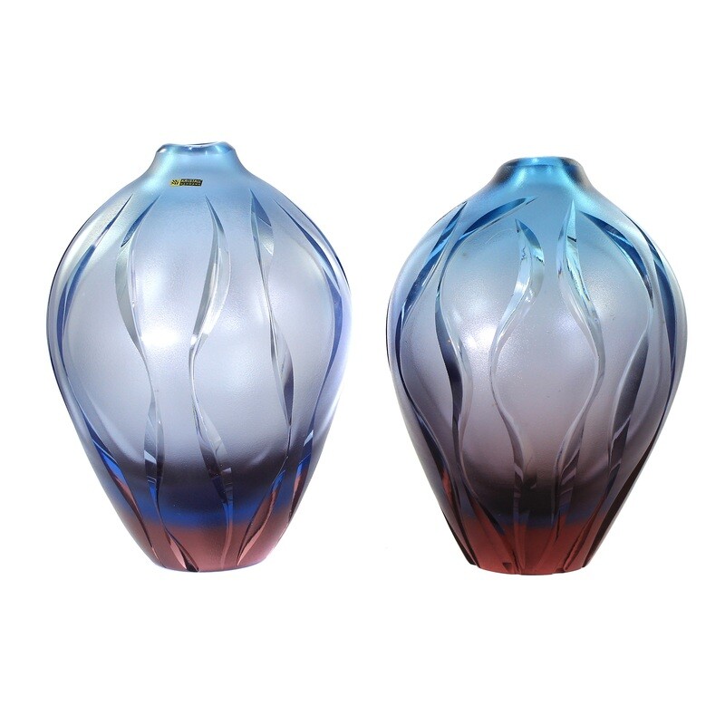 Pair of vases with blue and violet bases and wedge cut, WMF, Jachmann