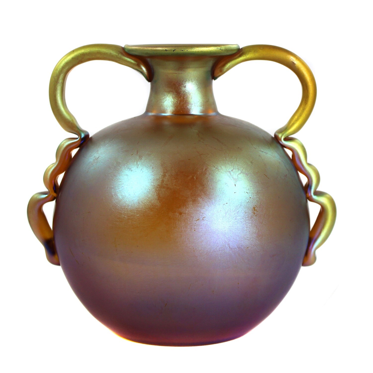 Ornamental handle vase in spherical form in Myra glass, WMF, form P278 around 1937
