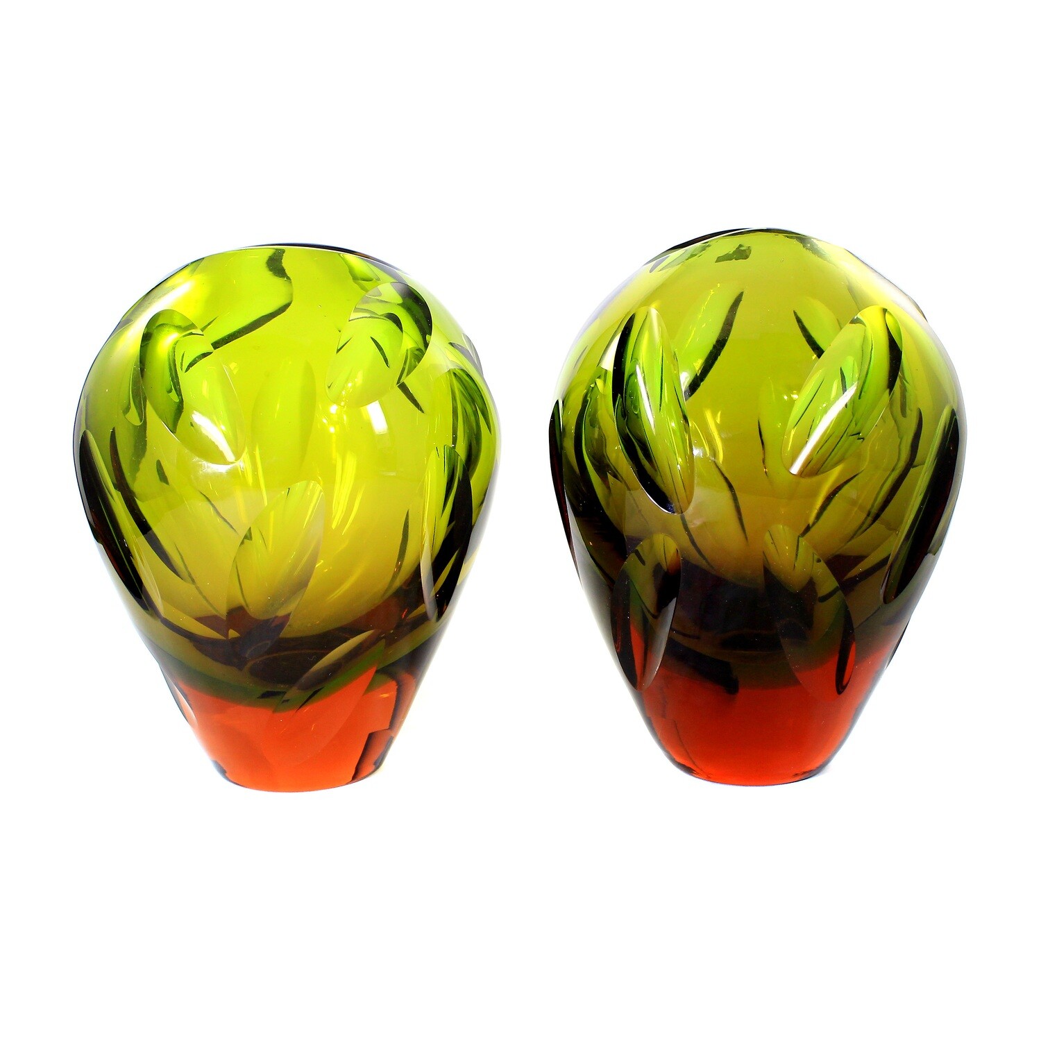 Pair of vases with green and brown-pink bases, WMF, designed by Erich Jachmann around 1960