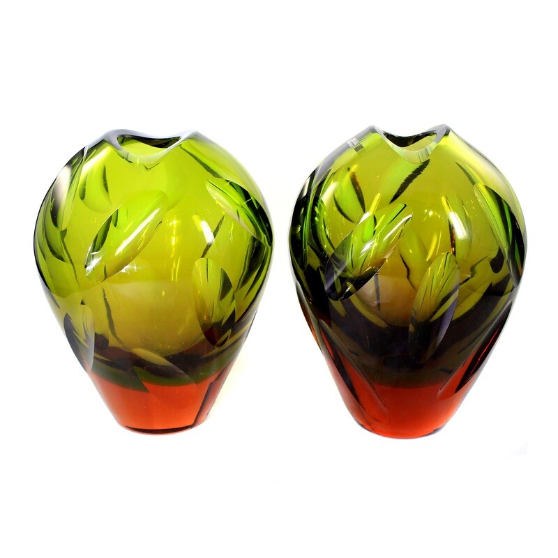 Pair of vases with green and brown-pink bases, WMF, designed by Erich Jachmann around 1960