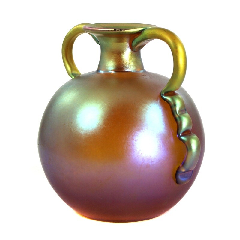 Ornamental handle vase in spherical form in Myra glass, WMF, form P278 around 1937