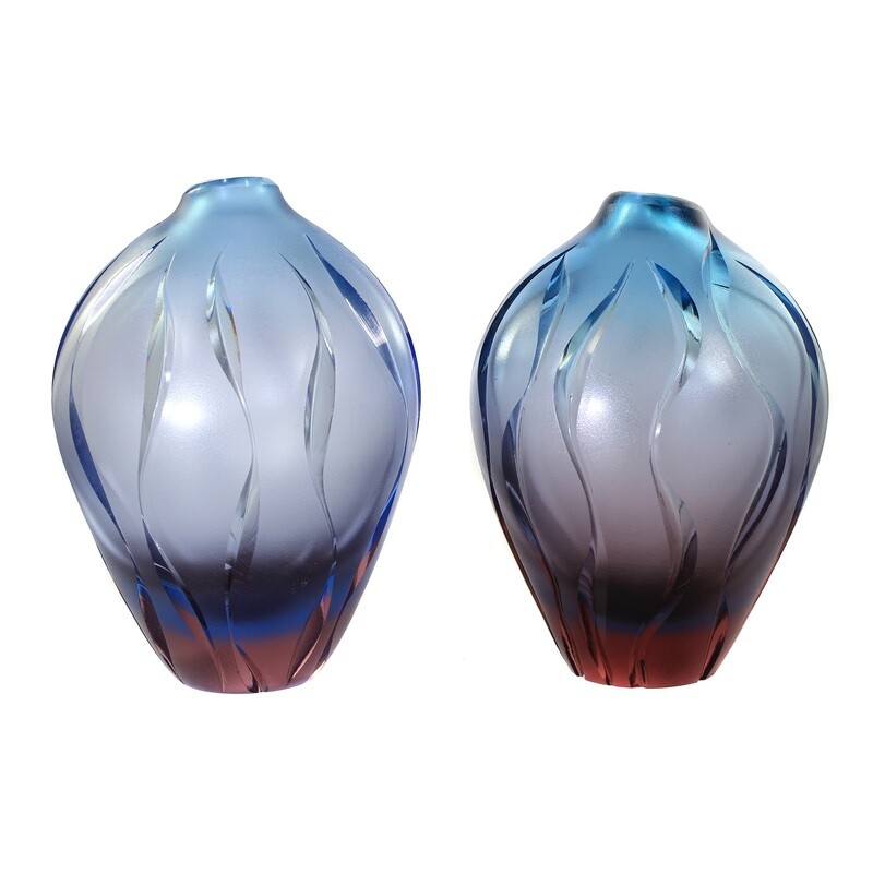 Pair of vases with blue and violet bases and wedge cut, WMF, Jachmann