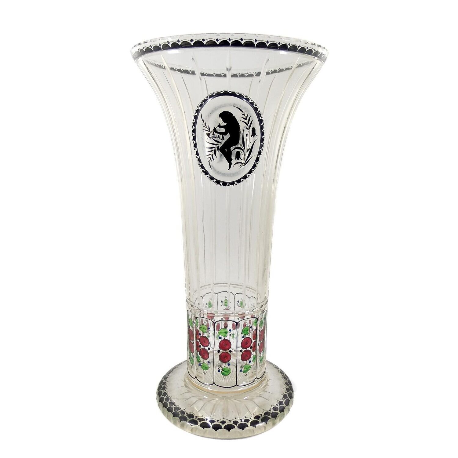 Large crater vase made of colorless glass with silhouette painting, Steinschönau