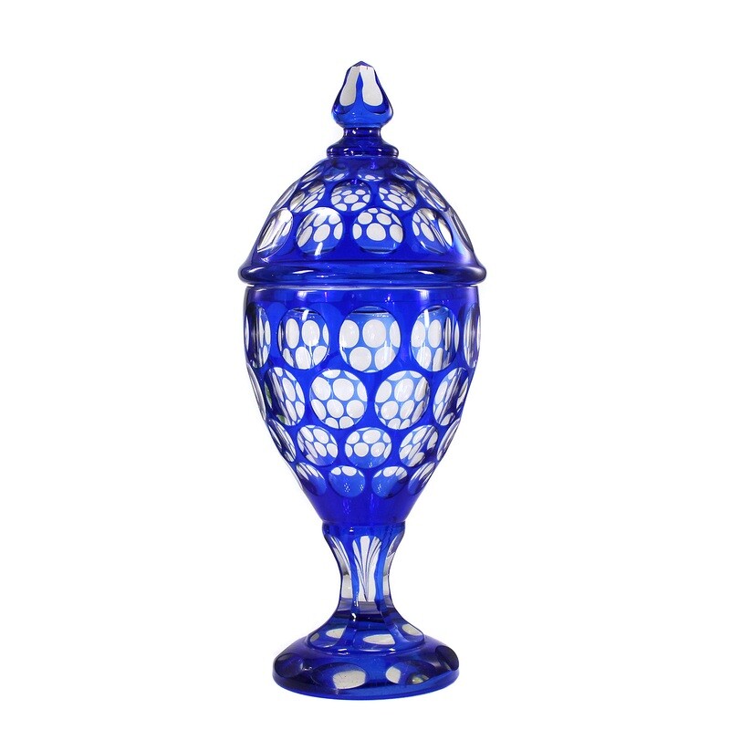 Large lidded cup made of colorless glass with blue overlay, Steinschönau around 1912
