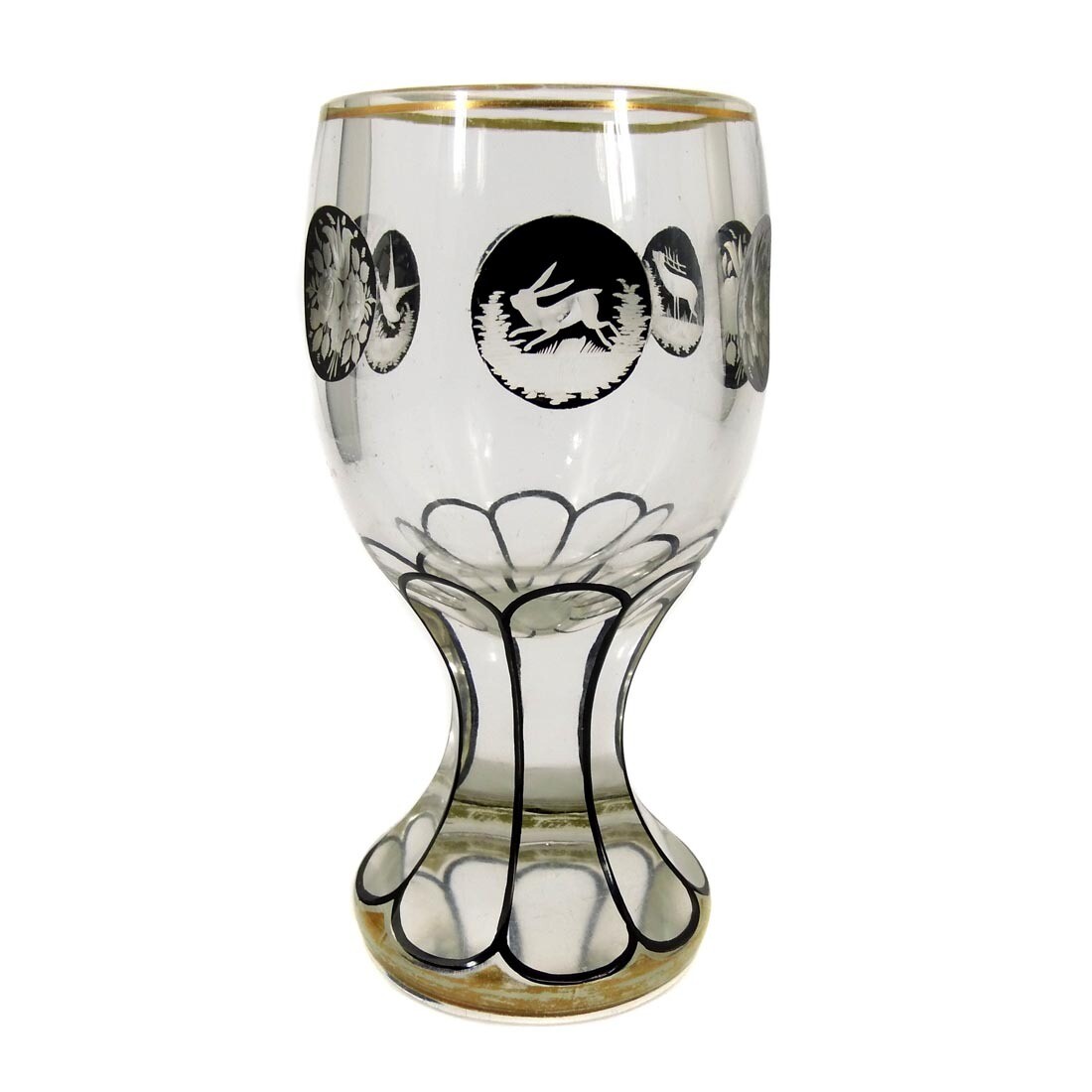 Club-shaped cup with Schwarzlot painting and engraved depictions of animals