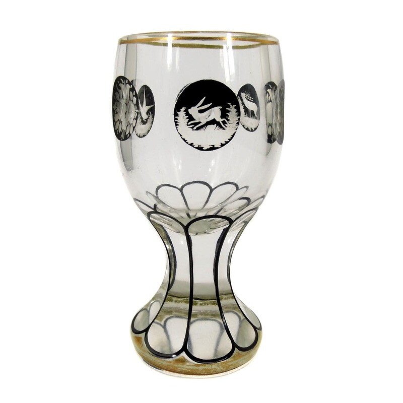Club-shaped cup with Schwarzlot painting and engraved depictions of animals