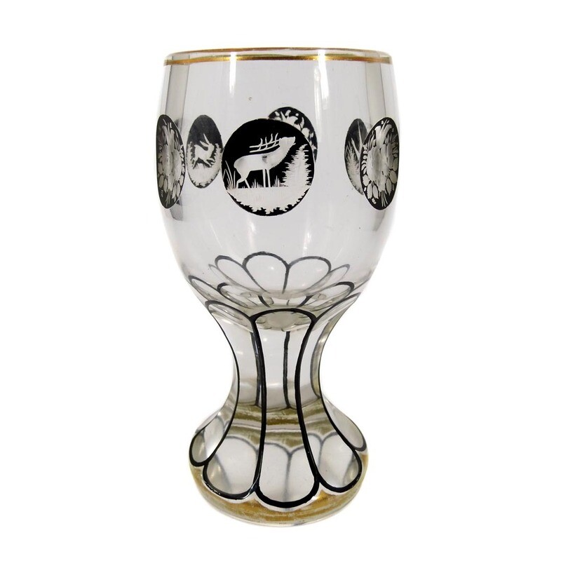 Club-shaped cup with Schwarzlot painting and engraved depictions of animals