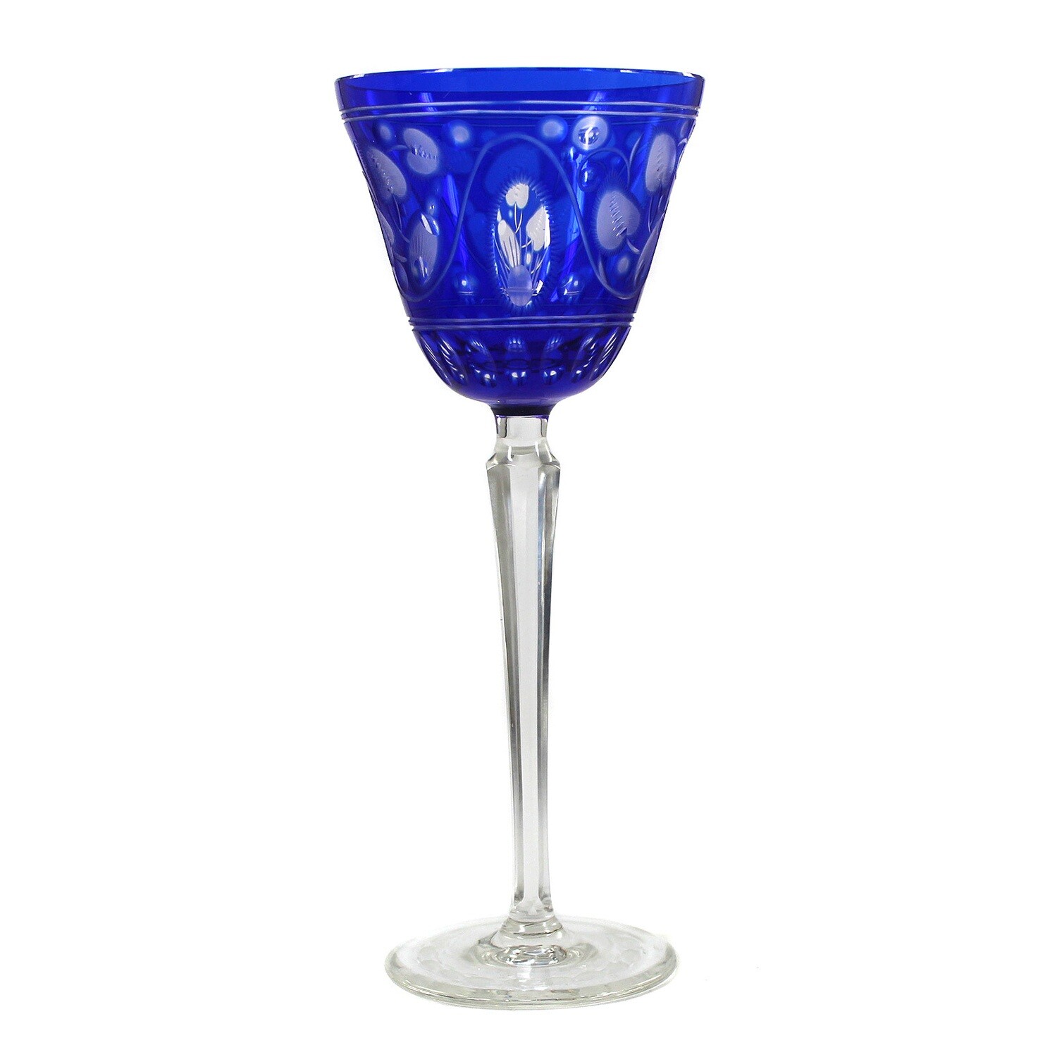 Stem glass with cobalt blue overlay and floral ornaments, Steinschönau