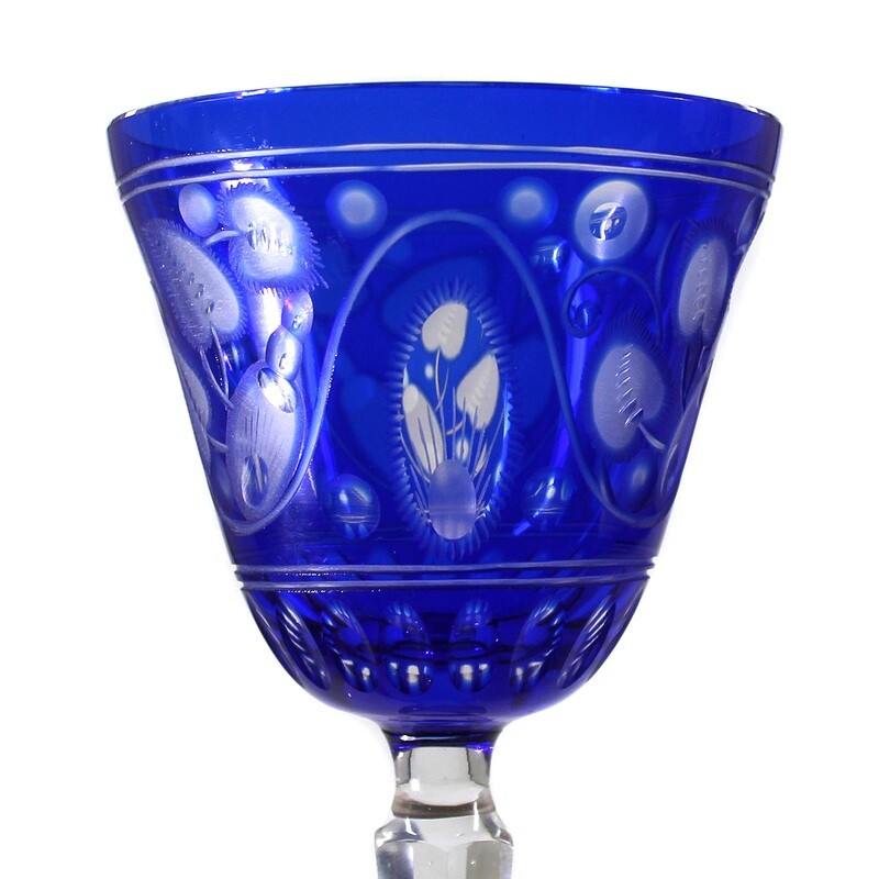 Stem glass with cobalt blue overlay and floral ornaments, Steinschönau