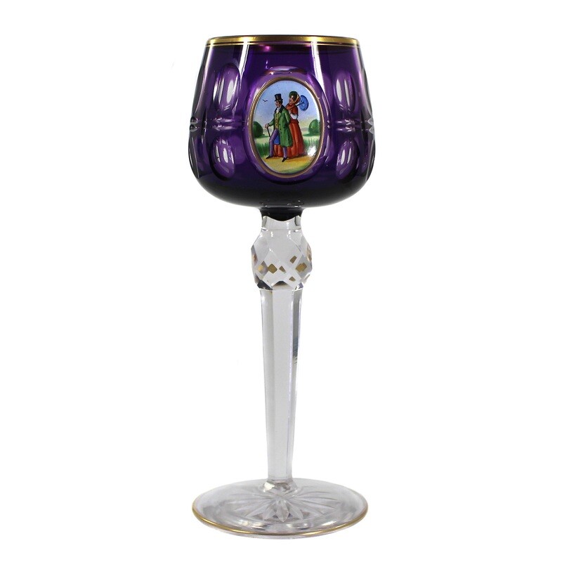 Stem glass with overlay and gallant scene in enamel painting, Josephinenhütte