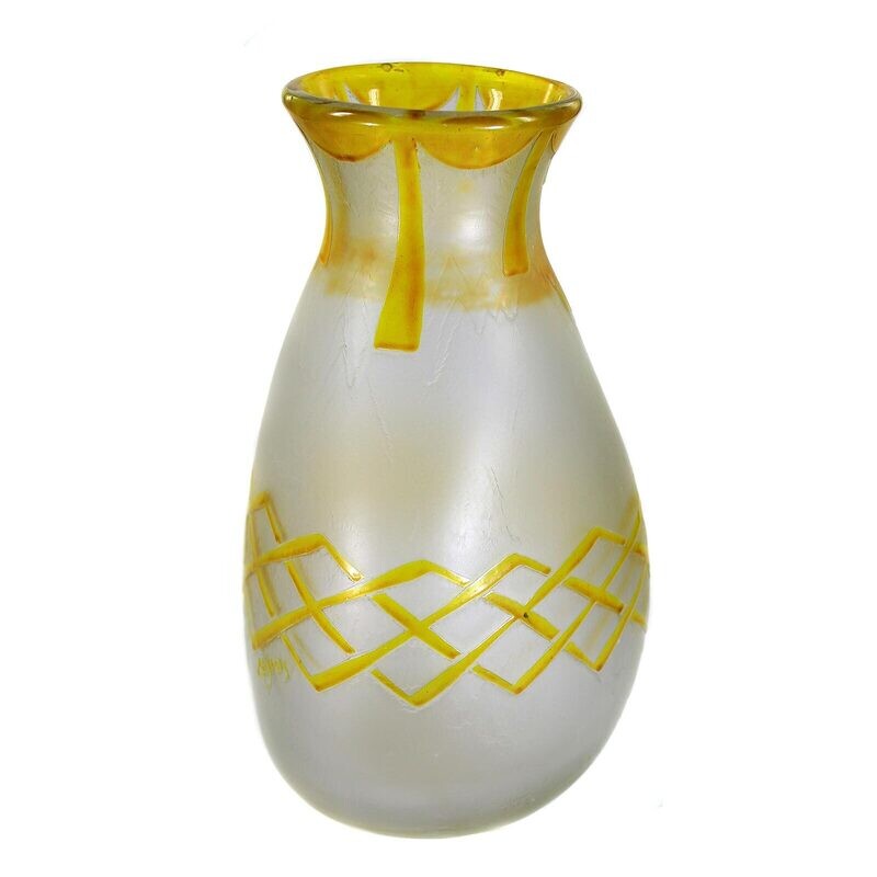 Vase with ice glass-like structure and geometric decoration, signed Legras
