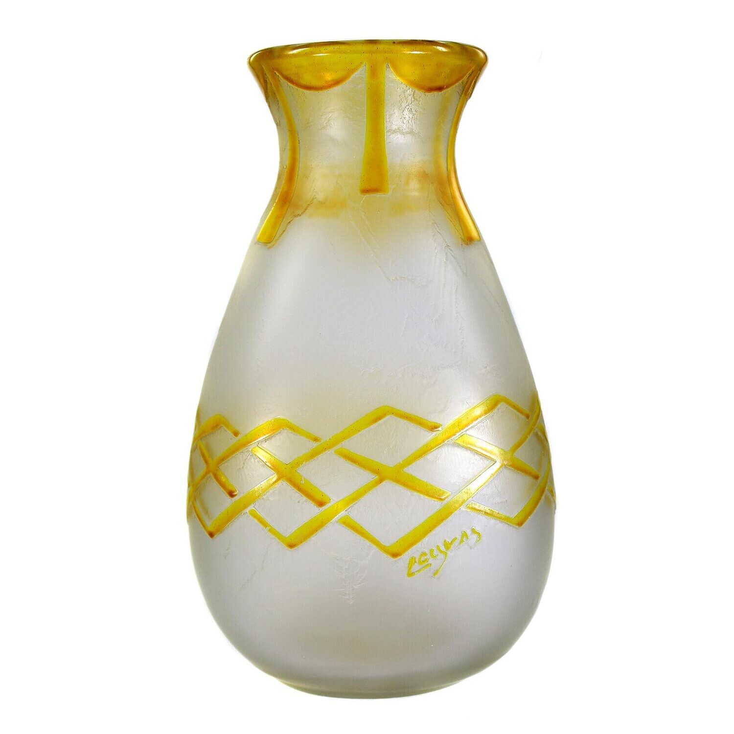 Vase with ice glass-like structure and geometric decoration, signed Legras