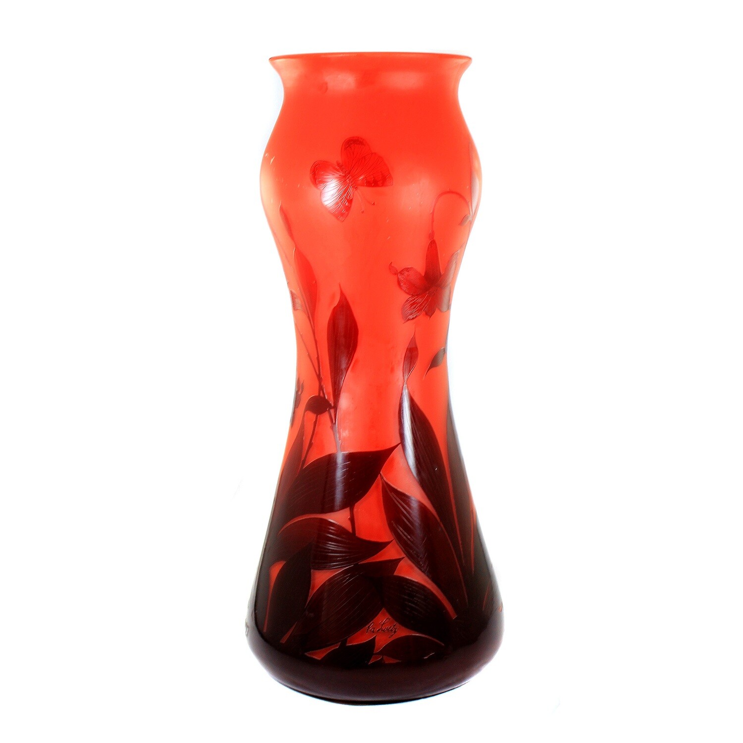 50 cm high vase with orange-red overlay, floral decoration and butterfly, Loetz